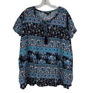 Chelsea Studio Short Sleeve Shirt Size 1X 22/24 Tie Front Tassel Blue Floral